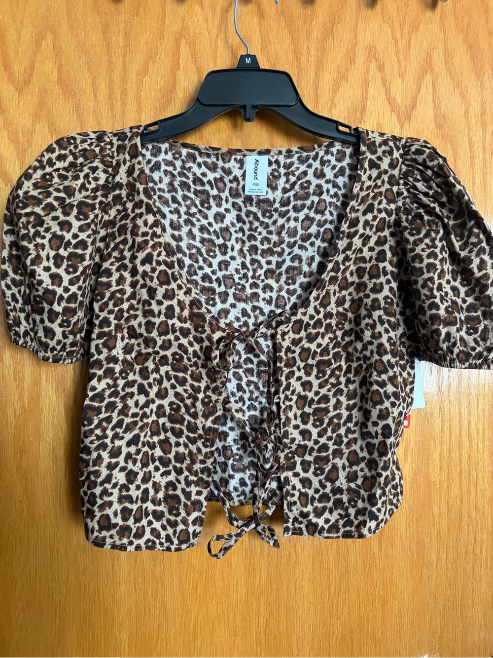 Abound Leopard Tie-Front Puff Sleeve Crop Top - Brown